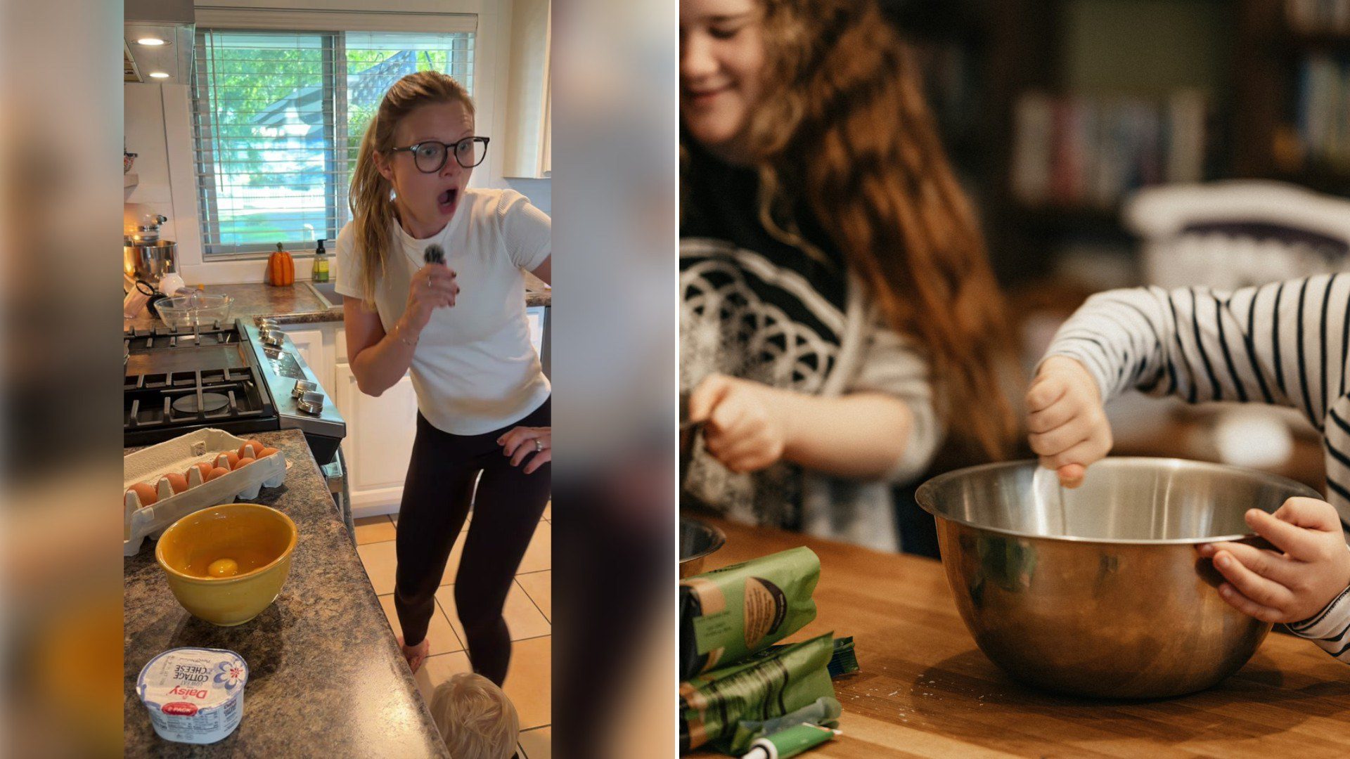 Left: TikTok still of a mother reacting in her kitchen. Right: a woman and child mixing in a bowl (Unsplash photo by Annie Spratt).