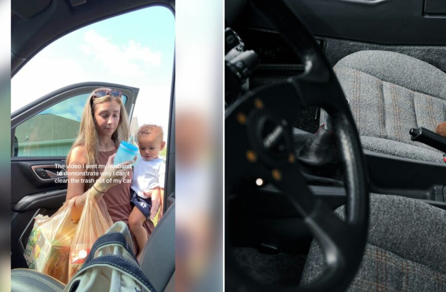 Left: TikTok still of a mother cleaning her car with a toddler. Right: a plush toy on a car seat (Unsplash photo by Ian Edokov).