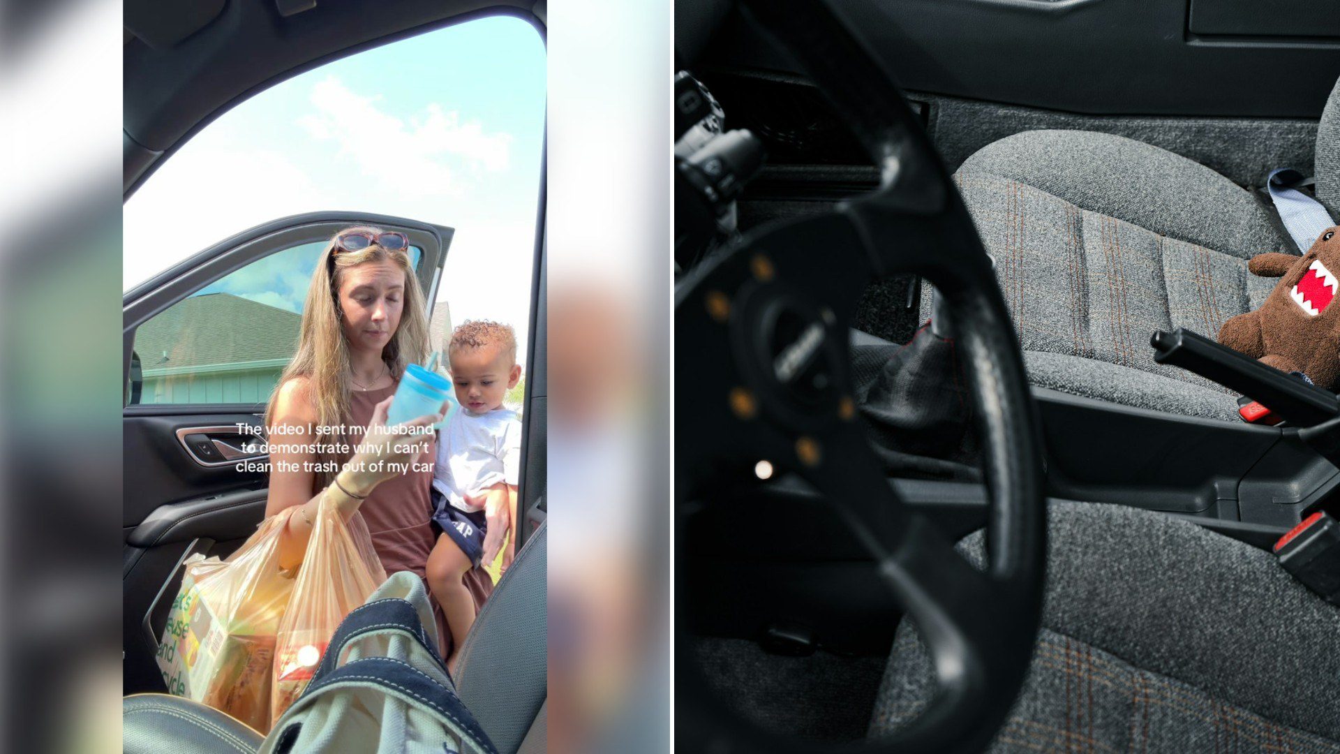 Left: TikTok still of a mother cleaning her car with a toddler. Right: a plush toy on a car seat (Unsplash photo by Ian Edokov).