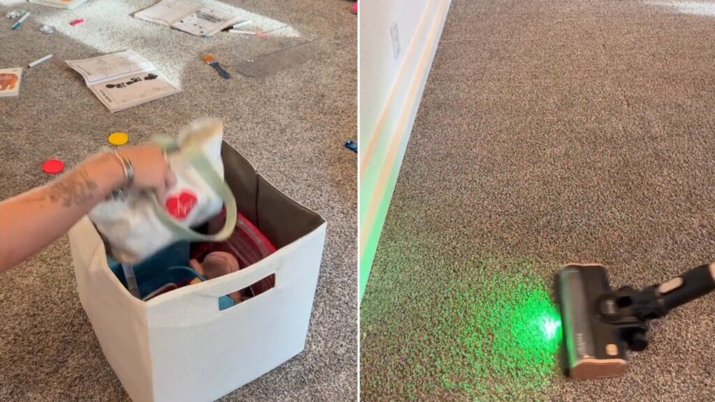 Two moments from an Instagram reel: a bin of toys being sorted, then vacuuming the playroom floor.
