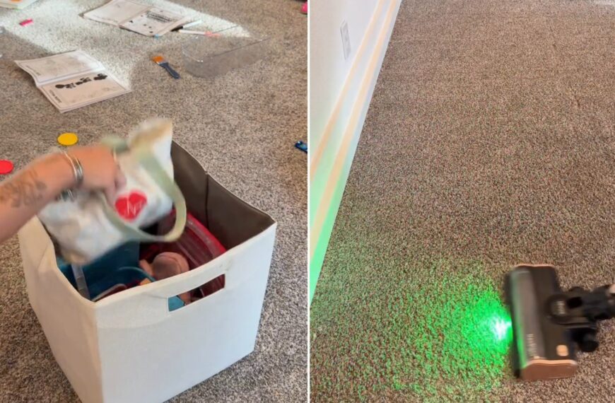 Two moments from an Instagram reel: a bin of toys being sorted, then vacuuming the playroom floor.
