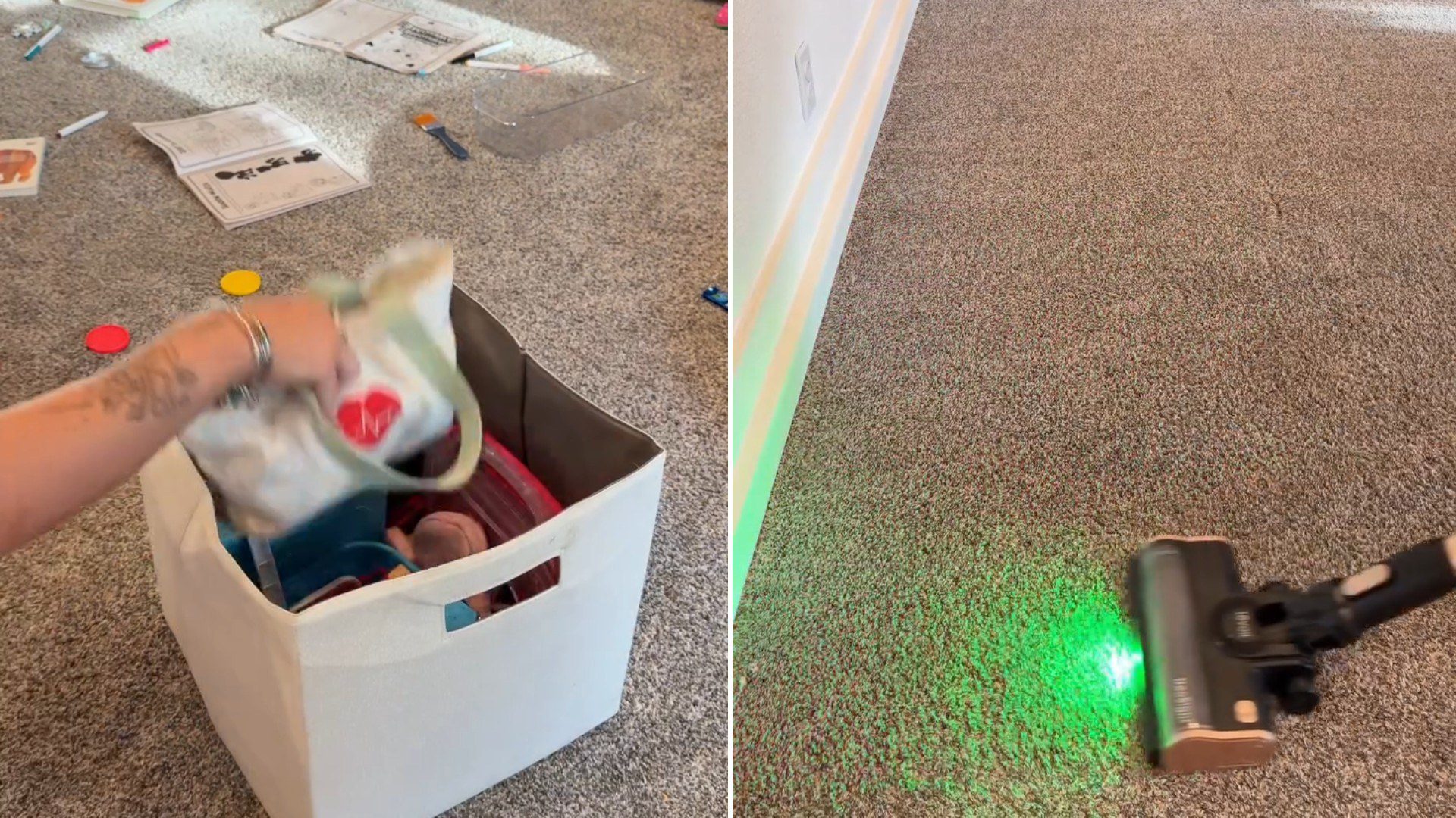 Two moments from an Instagram reel: a bin of toys being sorted, then vacuuming the playroom floor.