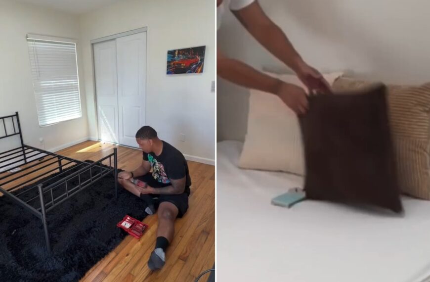 Two moments from an Instagram reel: a man assembling a bed frame, then the finished bed.