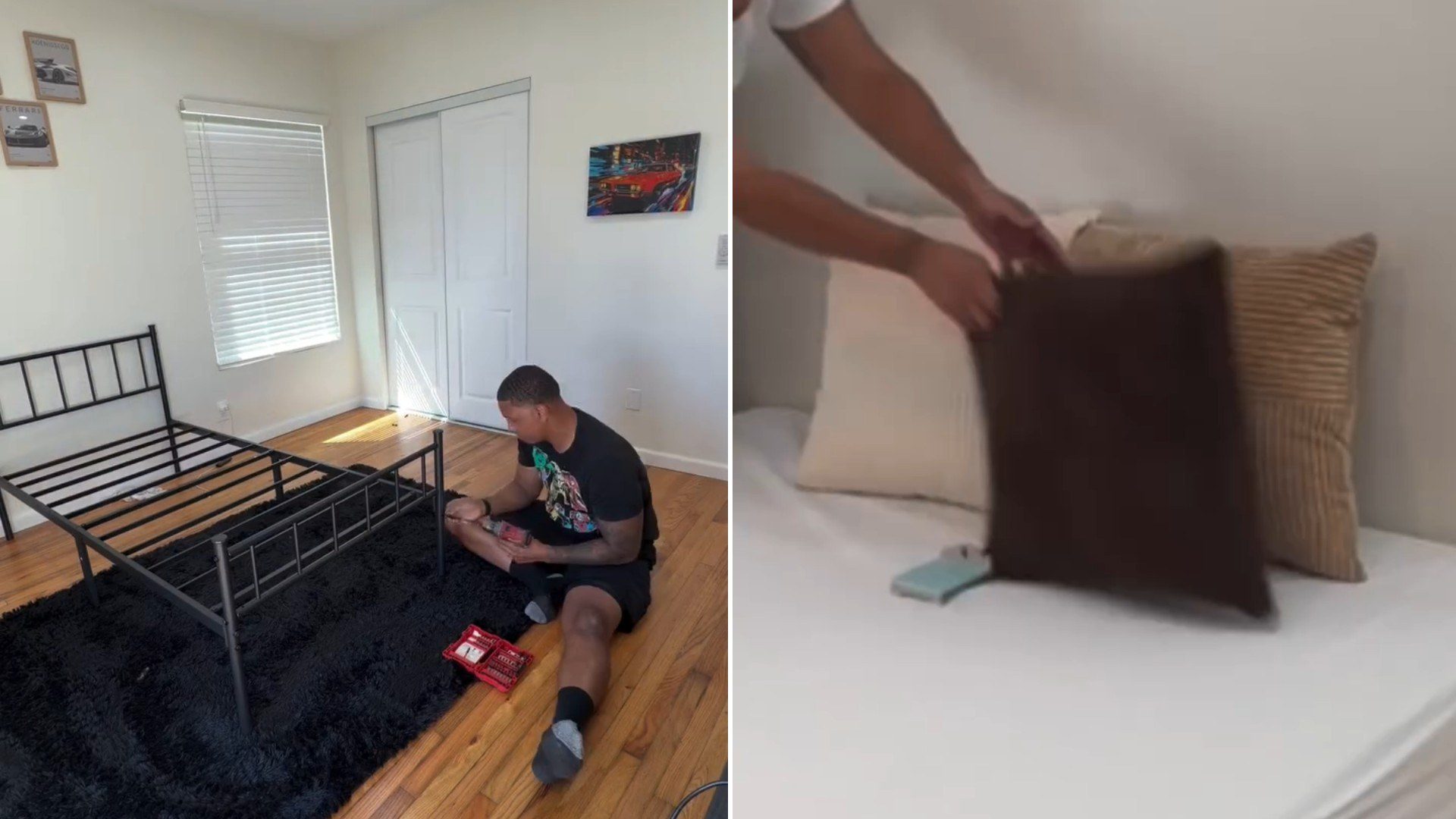 Two moments from an Instagram reel: a man assembling a bed frame, then the finished bed.