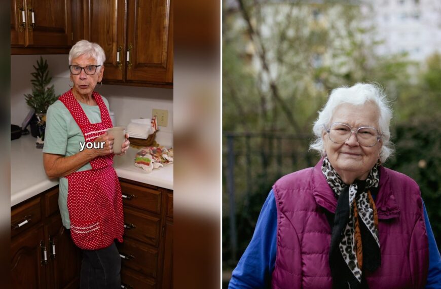 Left: TikTok still of an older woman in an apron in her kitchen. Right: a smiling older woman in a scarf (Unsplash photo by Benjamin Brunner).