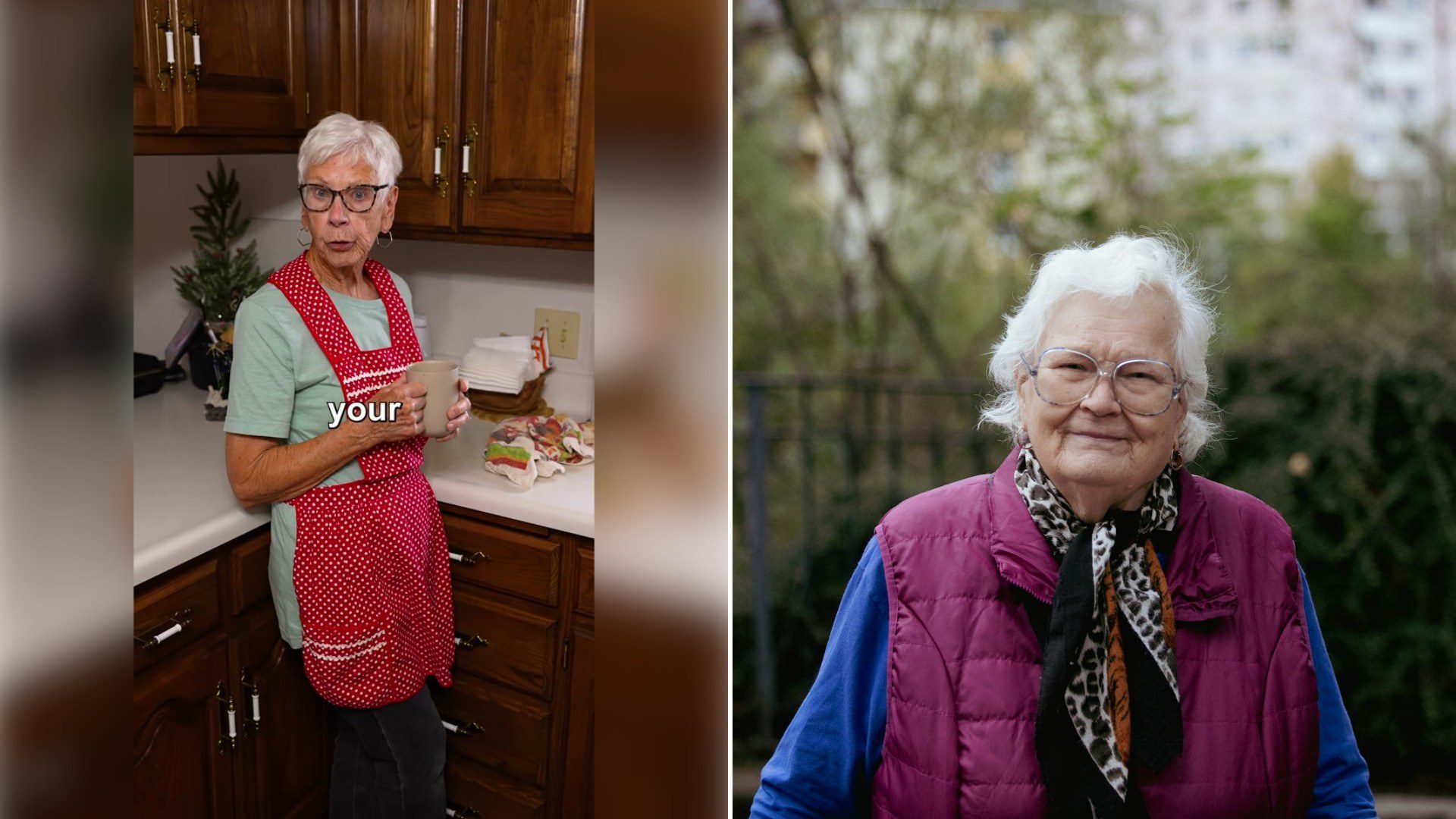 Left: TikTok still of an older woman in an apron in her kitchen. Right: a smiling older woman in a scarf (Unsplash photo by Benjamin Brunner).