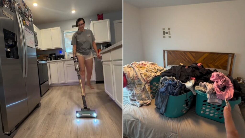 Two moments from an Instagram reel: a mom vacuuming the kitchen, then a bed piled with laundry.