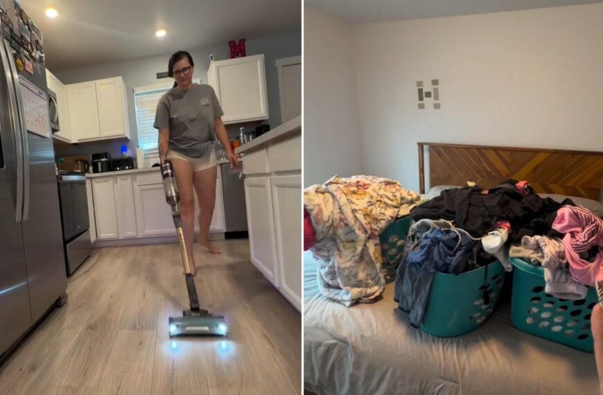 Two moments from an Instagram reel: a mom vacuuming the kitchen, then a bed piled with laundry.