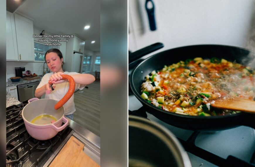 Left: TikTok still of a mother cooking a simple meal on the stove. Right: a pan of vegetables cooking on a stove (Unsplash photo by Christian Lue).