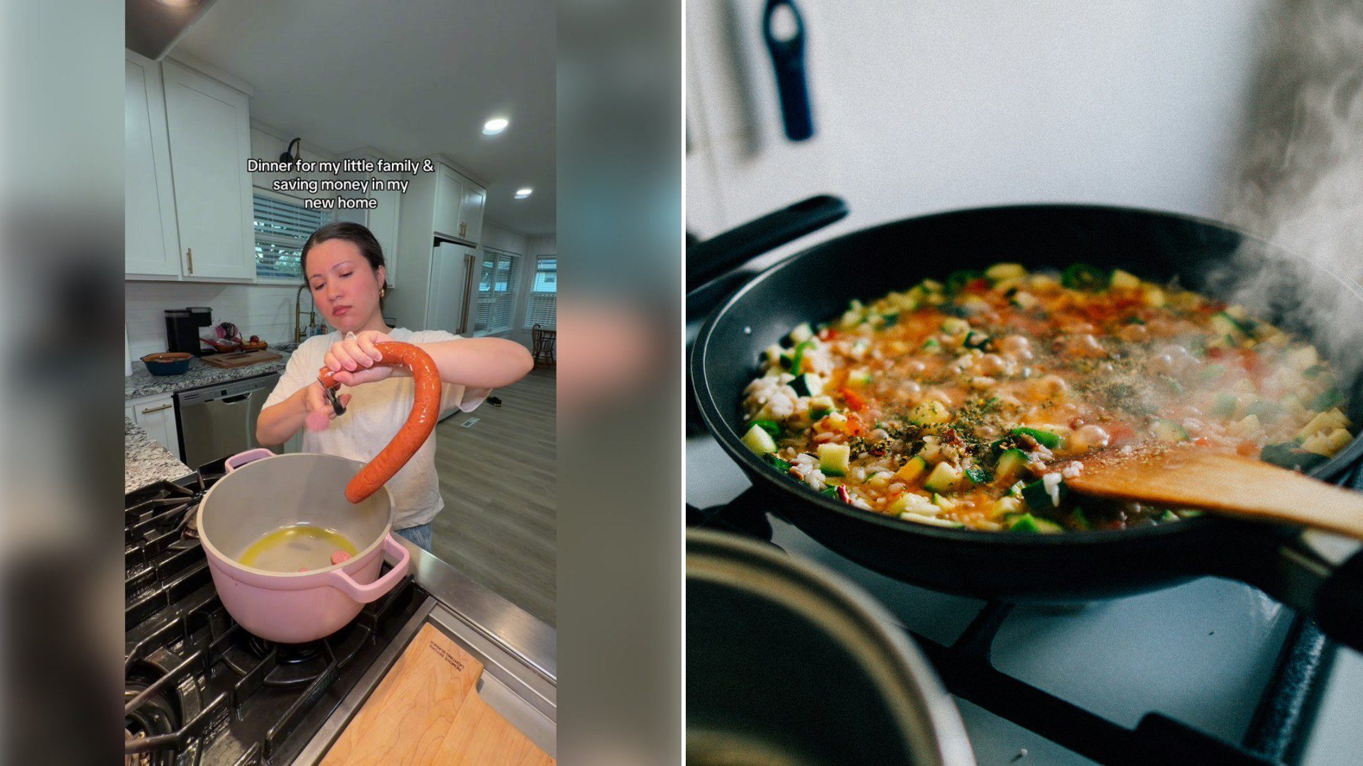 Left: TikTok still of a mother cooking a simple meal on the stove. Right: a pan of vegetables cooking on a stove (Unsplash photo by Christian Lue).