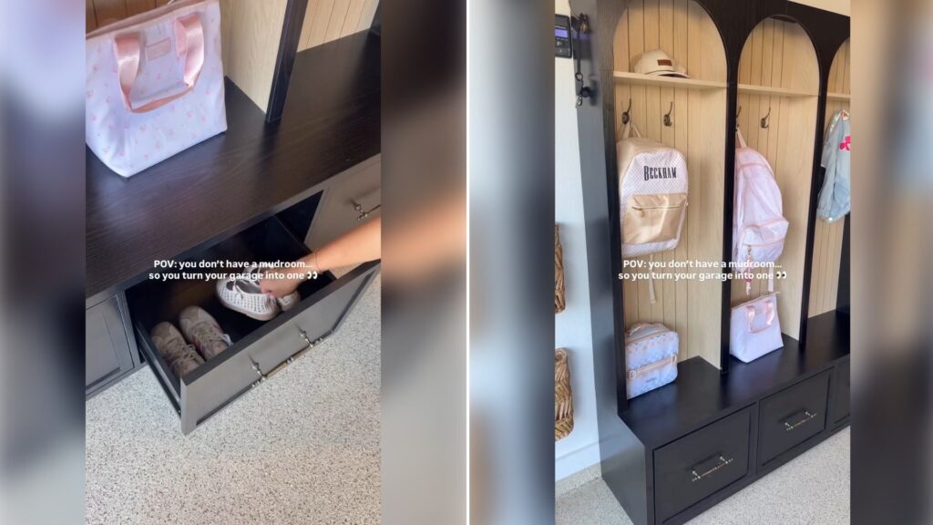 Two moments from an Instagram reel: a mudroom cubby, then the finished mudroom.