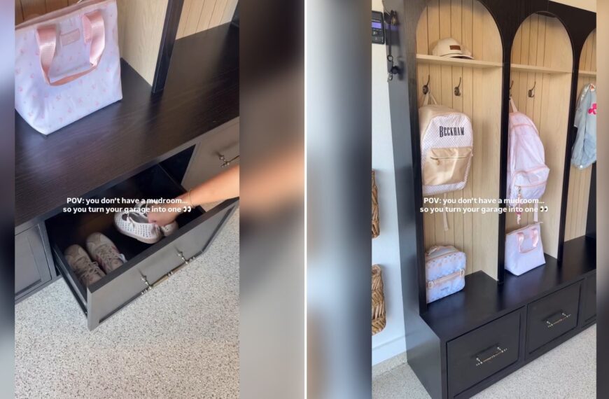 Two moments from an Instagram reel: a mudroom cubby, then the finished mudroom.