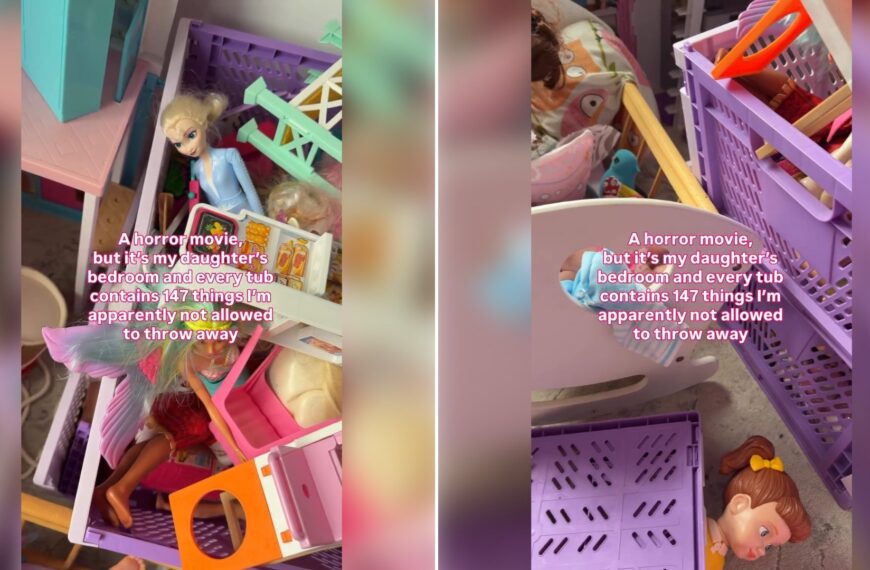Two moments from an Instagram reel: a bin of toys and dolls, then a purple crate of clutter.