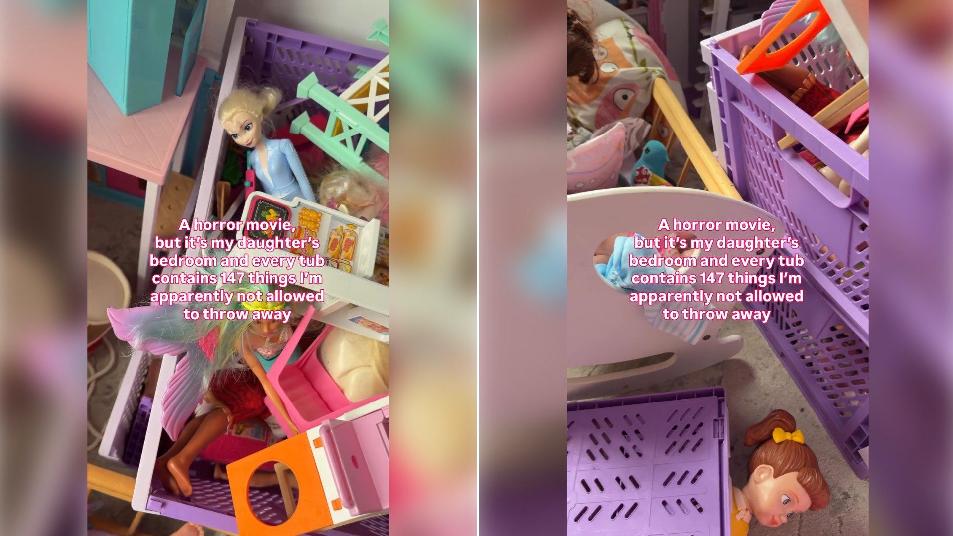 Two moments from an Instagram reel: a bin of toys and dolls, then a purple crate of clutter.