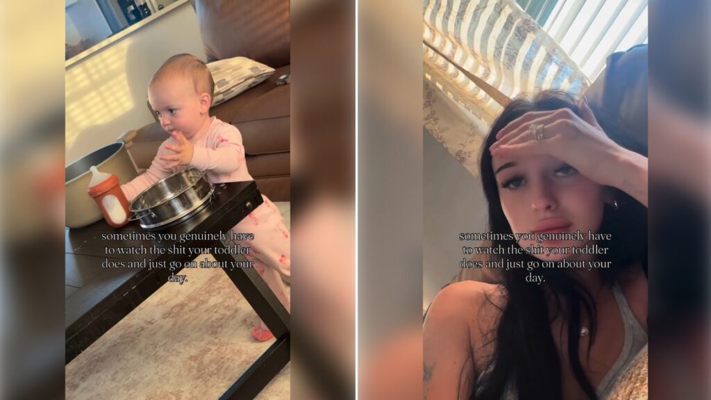 Two moments from an Instagram reel: a toddler at a coffee table, then an exhausted mother.