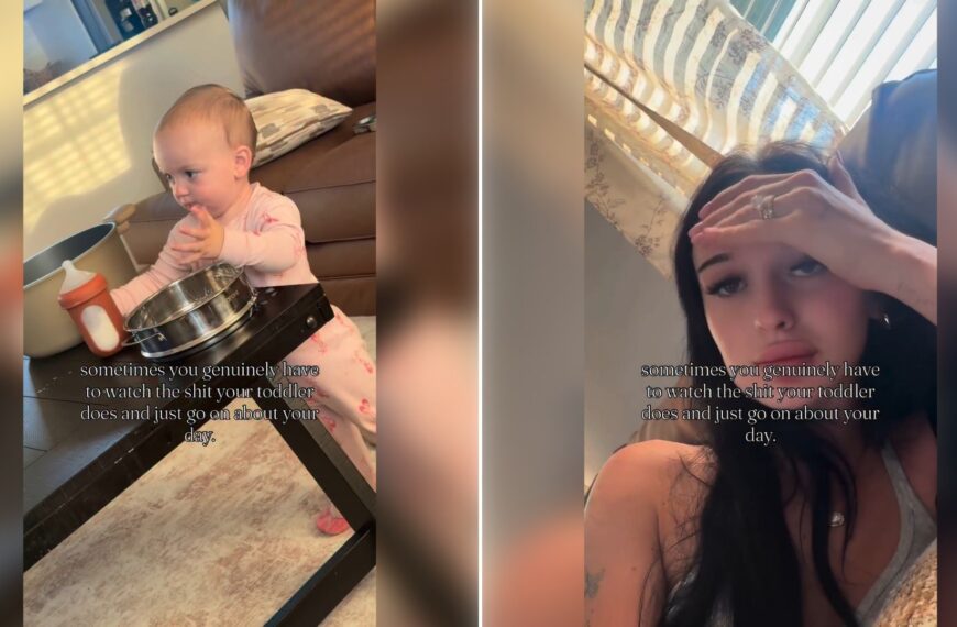 Two moments from an Instagram reel: a toddler at a coffee table, then an exhausted mother.
