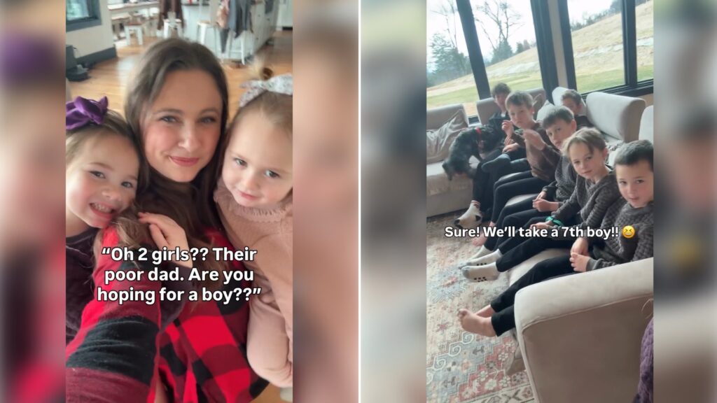 Two moments from an Instagram reel: a mother in a selfie with her two daughters, then the whole family on the couch.