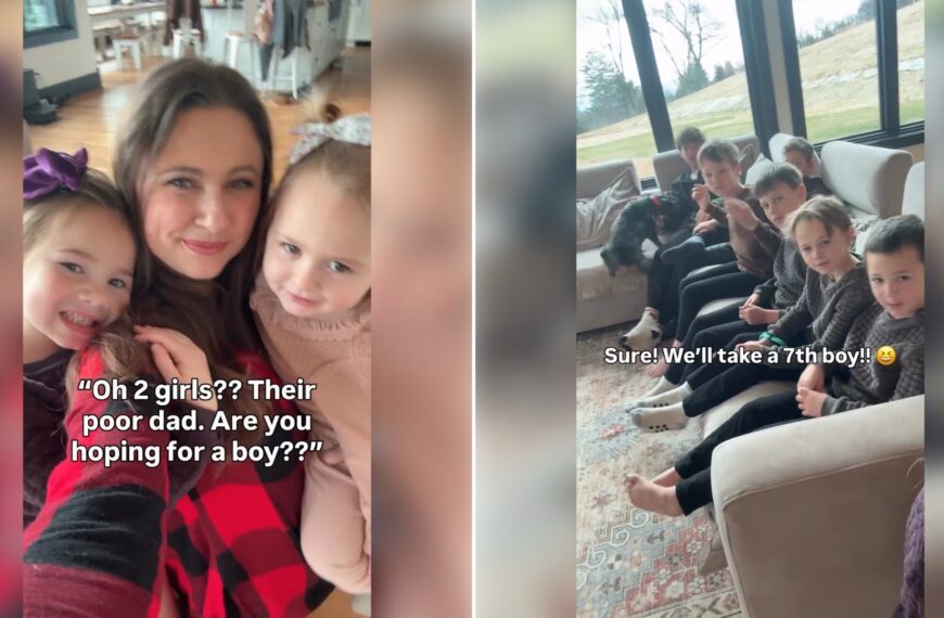 Two moments from an Instagram reel: a mother in a selfie with her two daughters, then the whole family on the couch.