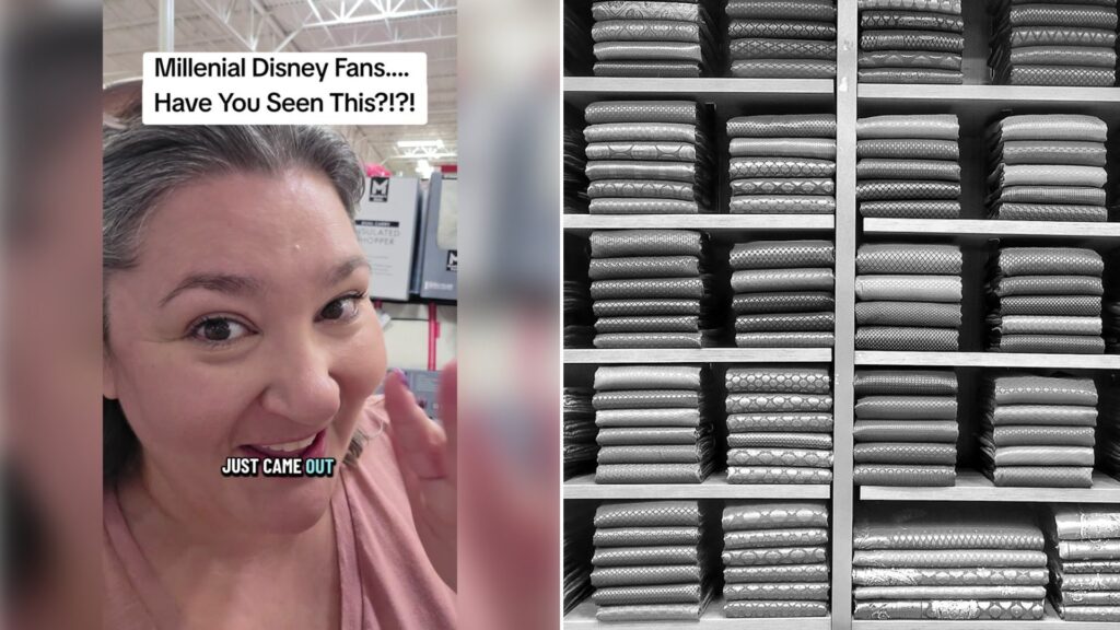 Left: TikTok still of a shopper reacting to Disney blankets at a warehouse club. Right: neatly folded textiles on shelves (Unsplash photo by Jahanvi Singh).