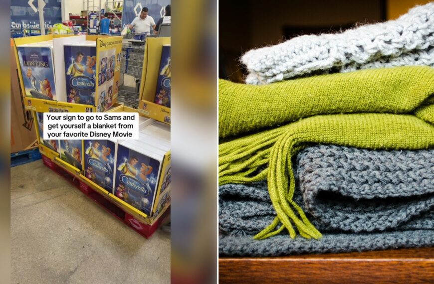 Left: TikTok still of a shopper holding Disney VHS-style blankets in a warehouse club. Right: folded knit blankets (Unsplash photo by Kelly Sikkema).