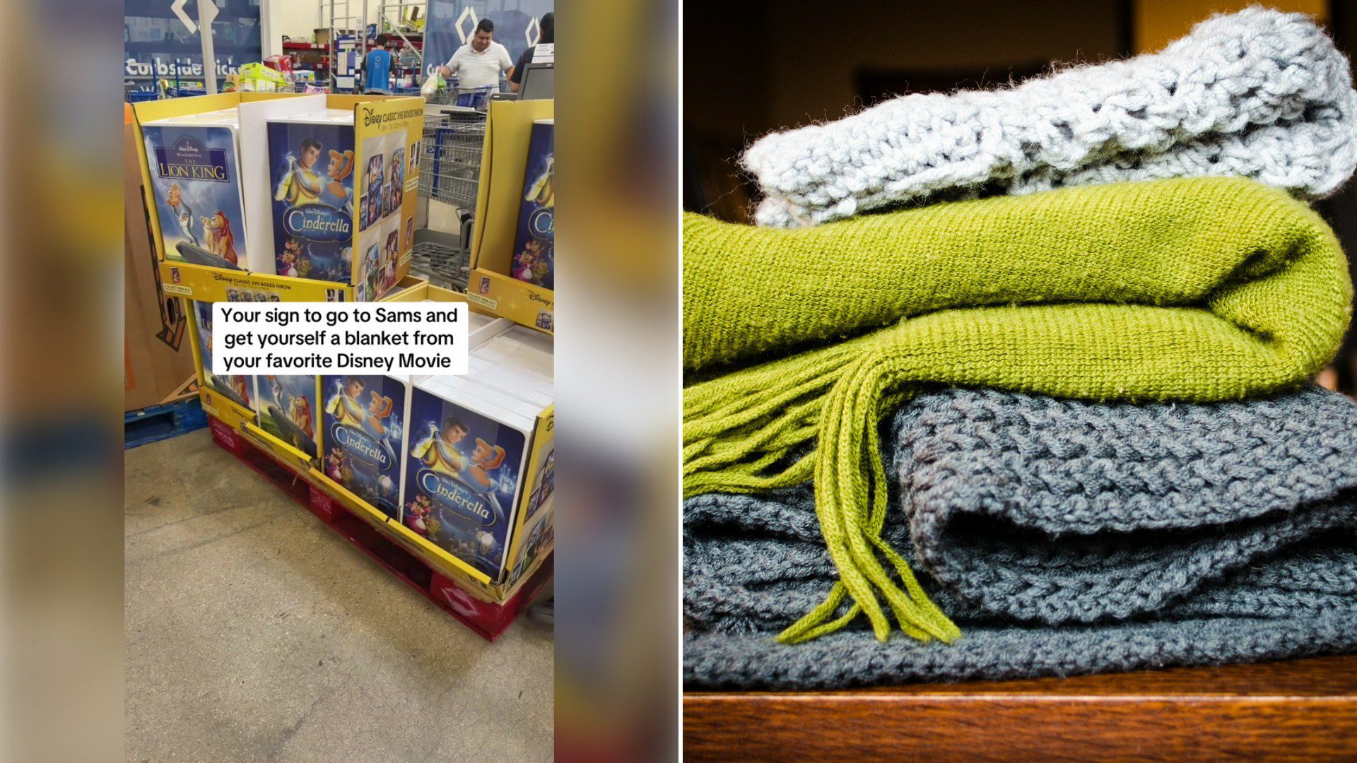Left: TikTok still of a shopper holding Disney VHS-style blankets in a warehouse club. Right: folded knit blankets (Unsplash photo by Kelly Sikkema).