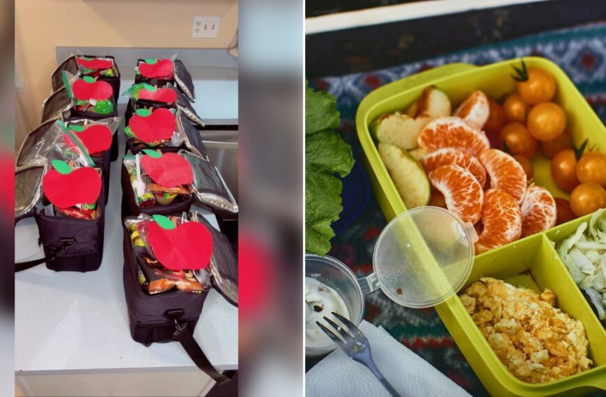 Left: TikTok still of a tray of packed school lunches. Right: a lunch box with fruit and pasta (Unsplash photo by Dana Sarsenbekova).