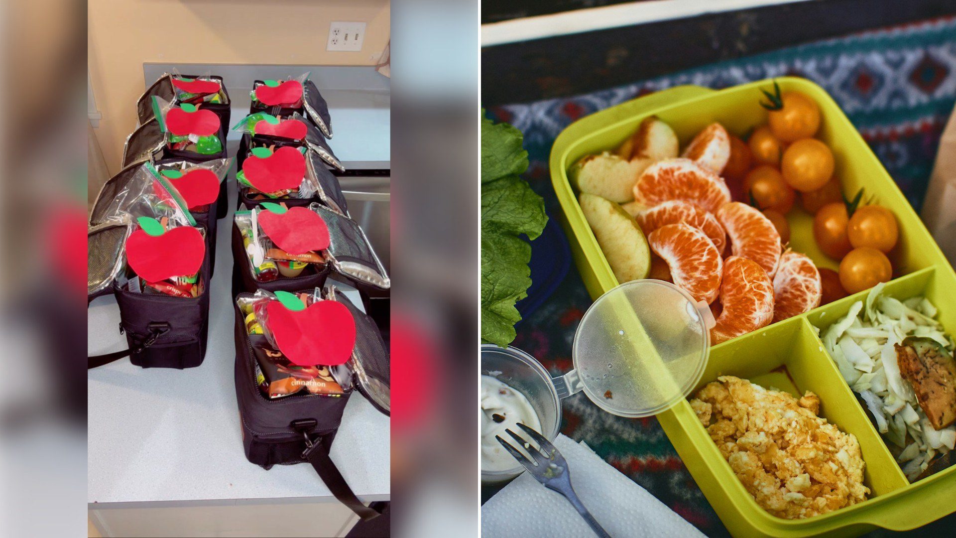 Left: TikTok still of a tray of packed school lunches. Right: a lunch box with fruit and pasta (Unsplash photo by Dana Sarsenbekova).