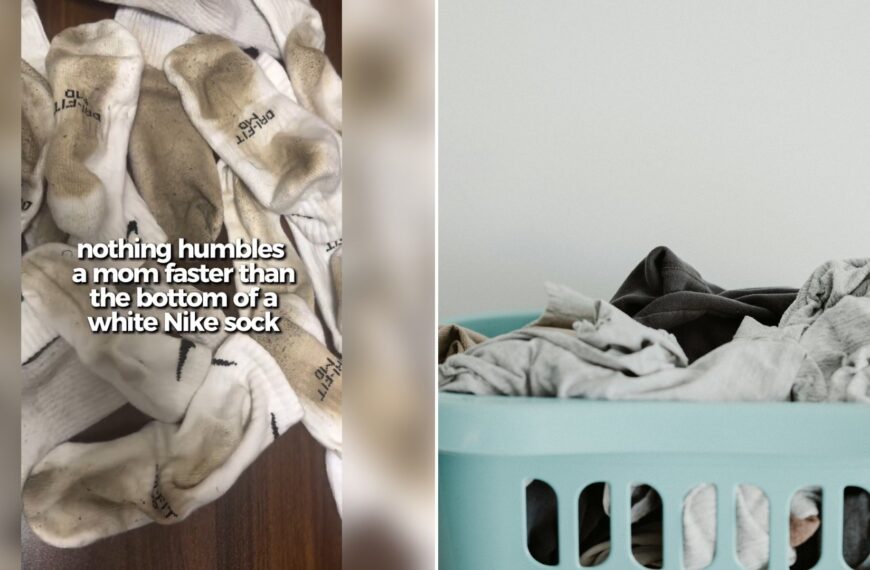 Left: Instagram reel still of a pile of dirty white socks. Right: a laundry basket of white fabric (Unsplash photo by Annie Spratt).