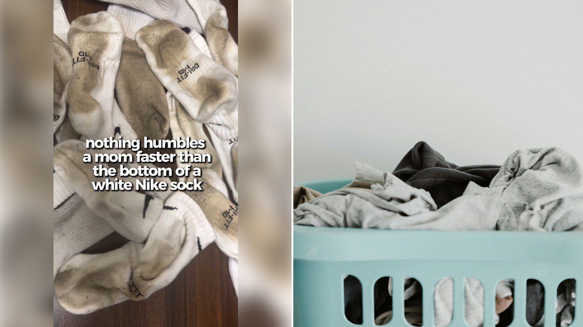 Left: Instagram reel still of a pile of dirty white socks. Right: a laundry basket of white fabric (Unsplash photo by Annie Spratt).