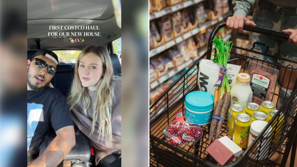 Left: TikTok still of a couple in their car before their first Costco haul. Right: a shopping cart full of groceries (Unsplash photo by Karsten Winegeart).
