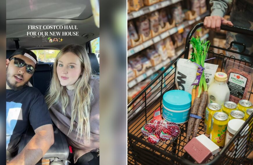 Left: TikTok still of a couple in their car before their first Costco haul. Right: a shopping cart full of groceries (Unsplash photo by Karsten Winegeart).