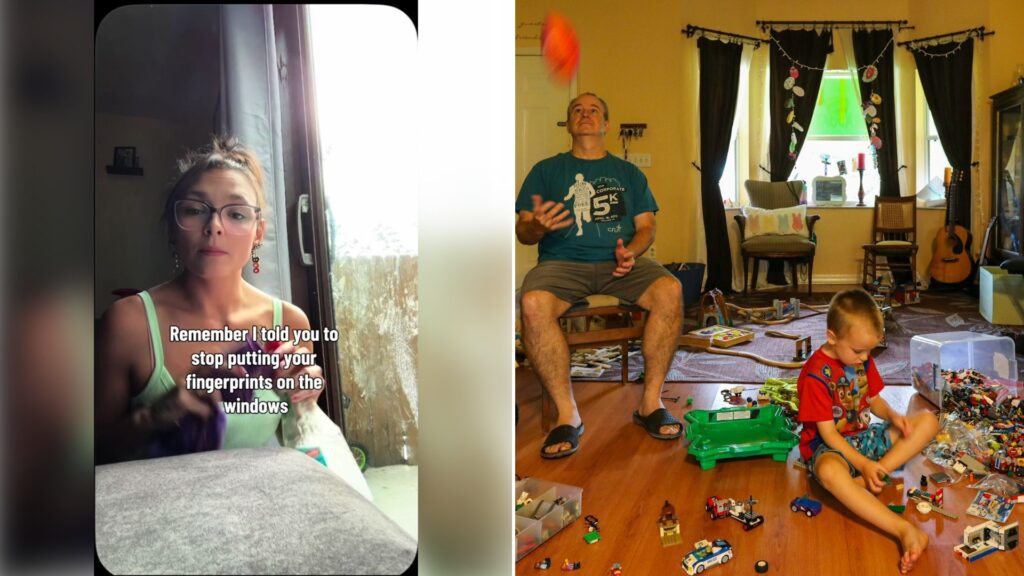 Left: TikTok still of a mother making a bed in a messy bedroom. Right: a father and child playing among scattered toys (Unsplash photo by Mick Haupt).
