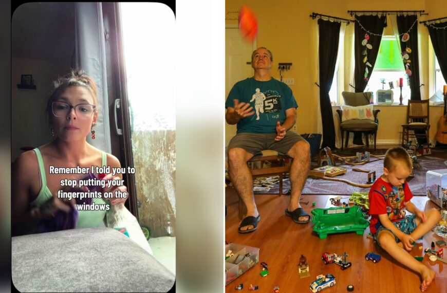 Left: TikTok still of a mother making a bed in a messy bedroom. Right: a father and child playing among scattered toys (Unsplash photo by Mick Haupt).