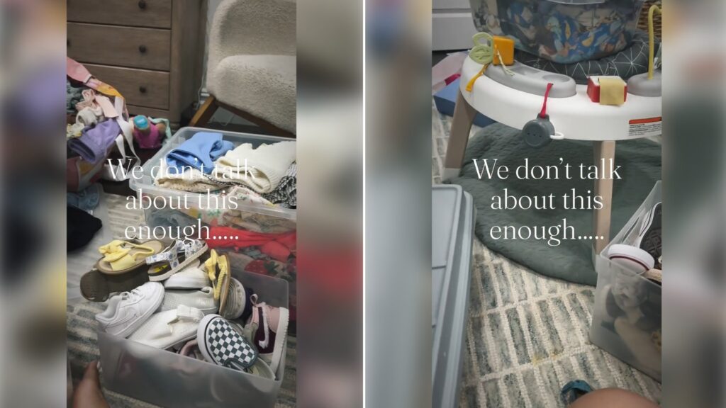 Two moments from an Instagram reel: a bin of chaos with shoes and clothes, then a baby bouncer in the mess.
