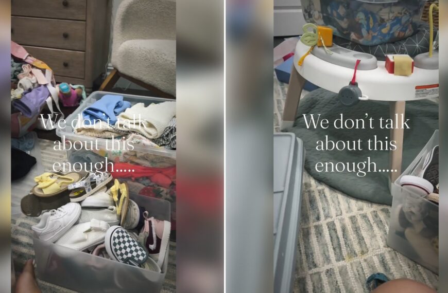Two moments from an Instagram reel: a bin of chaos with shoes and clothes, then a baby bouncer in the mess.