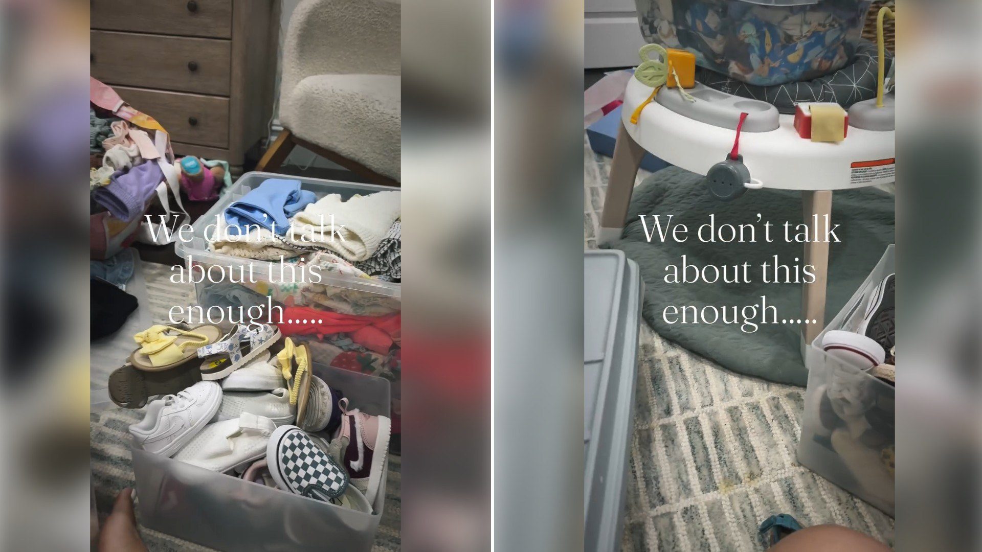 Two moments from an Instagram reel: a bin of chaos with shoes and clothes, then a baby bouncer in the mess.