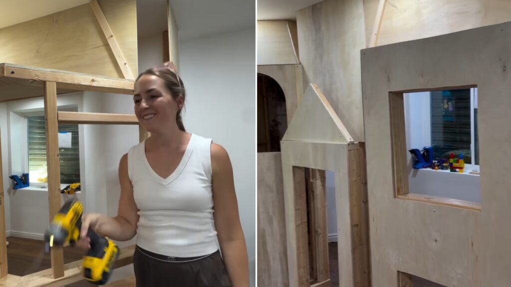Two moments from an Instagram reel: a mother holding a drill while building a playhouse, then the finished playhouse.