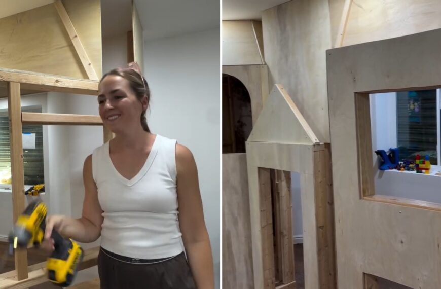 Two moments from an Instagram reel: a mother holding a drill while building a playhouse, then the finished playhouse.
