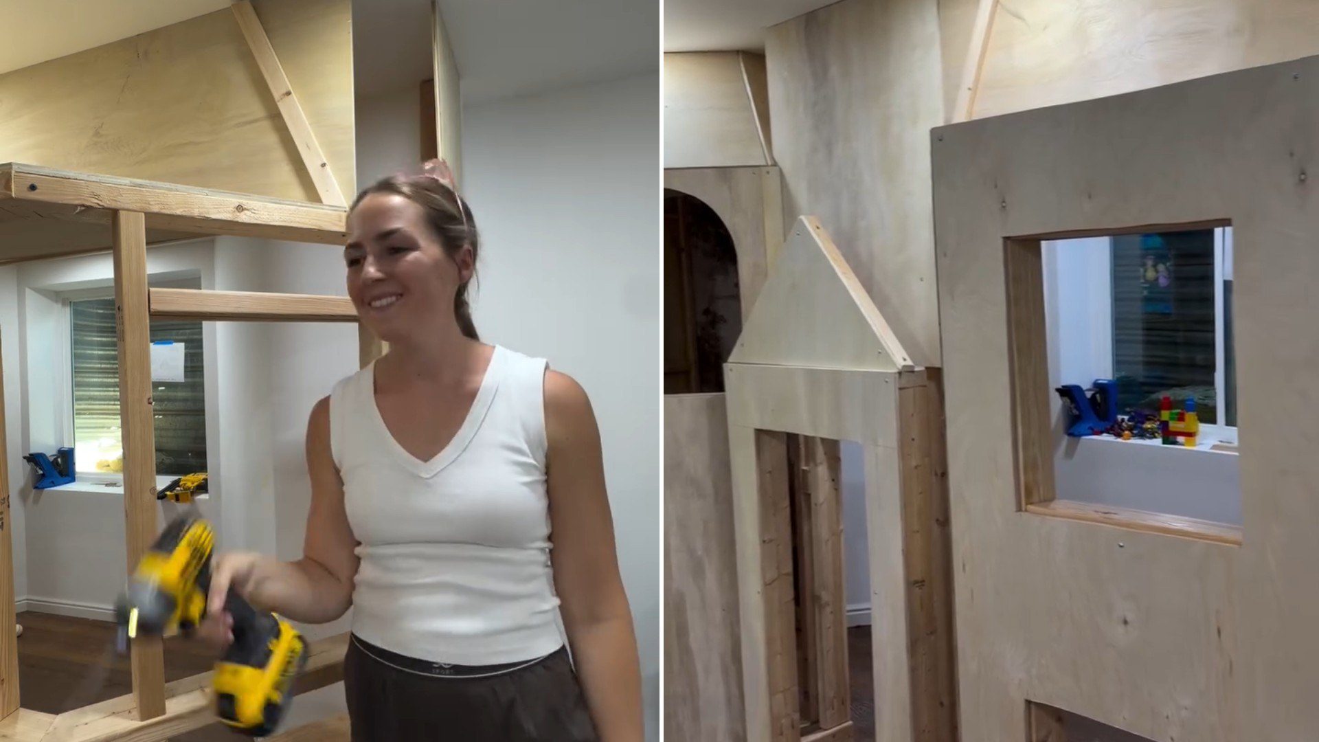 Two moments from an Instagram reel: a mother holding a drill while building a playhouse, then the finished playhouse.