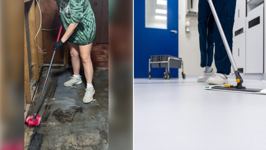 Left: TikTok still of a woman mopping a flooded basement floor. Right: a person mopping a floor (Unsplash photo by Toon Lambrechts).