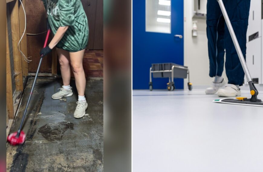 Left: TikTok still of a woman mopping a flooded basement floor. Right: a person mopping a floor (Unsplash photo by Toon Lambrechts).