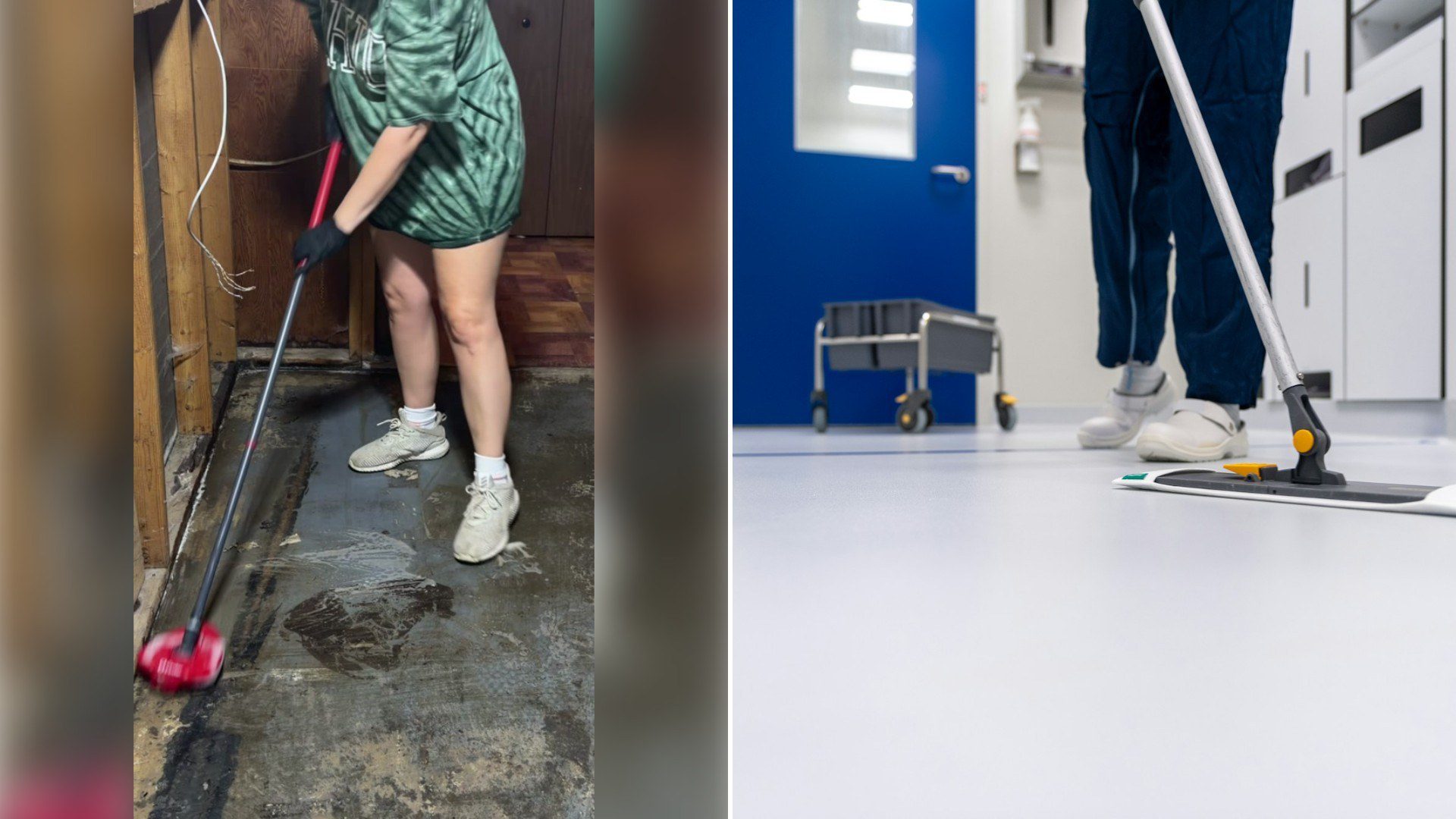 Left: TikTok still of a woman mopping a flooded basement floor. Right: a person mopping a floor (Unsplash photo by Toon Lambrechts).