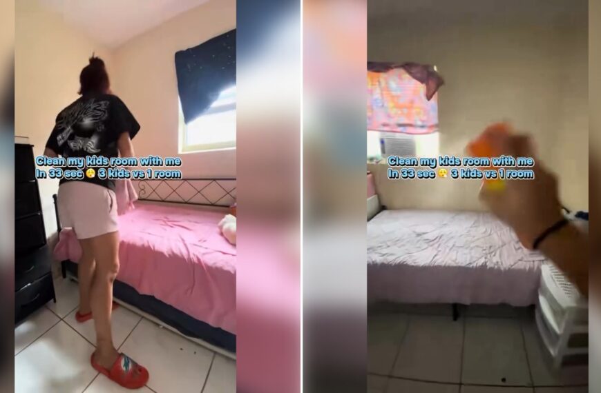 Two moments from an Instagram reel: a woman cleaning a bedroom, then the tidied bed.