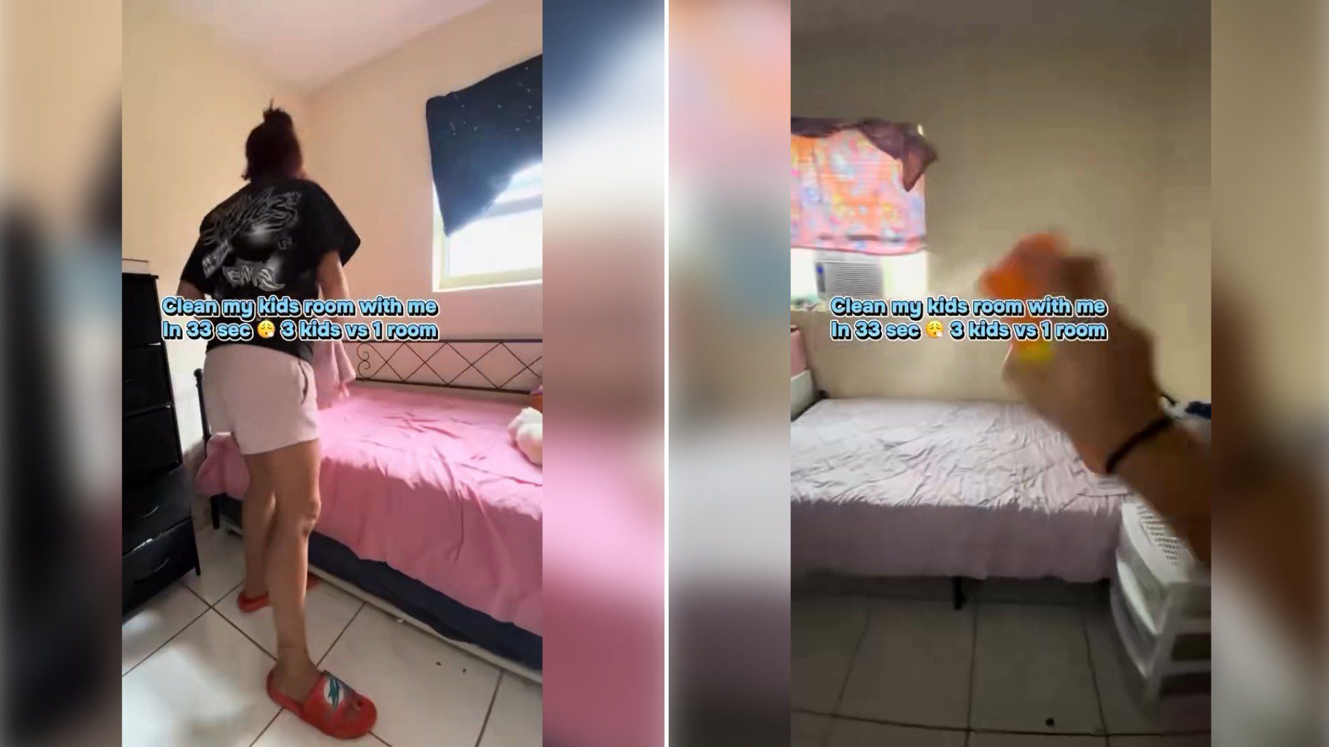 Two moments from an Instagram reel: a woman cleaning a bedroom, then the tidied bed.