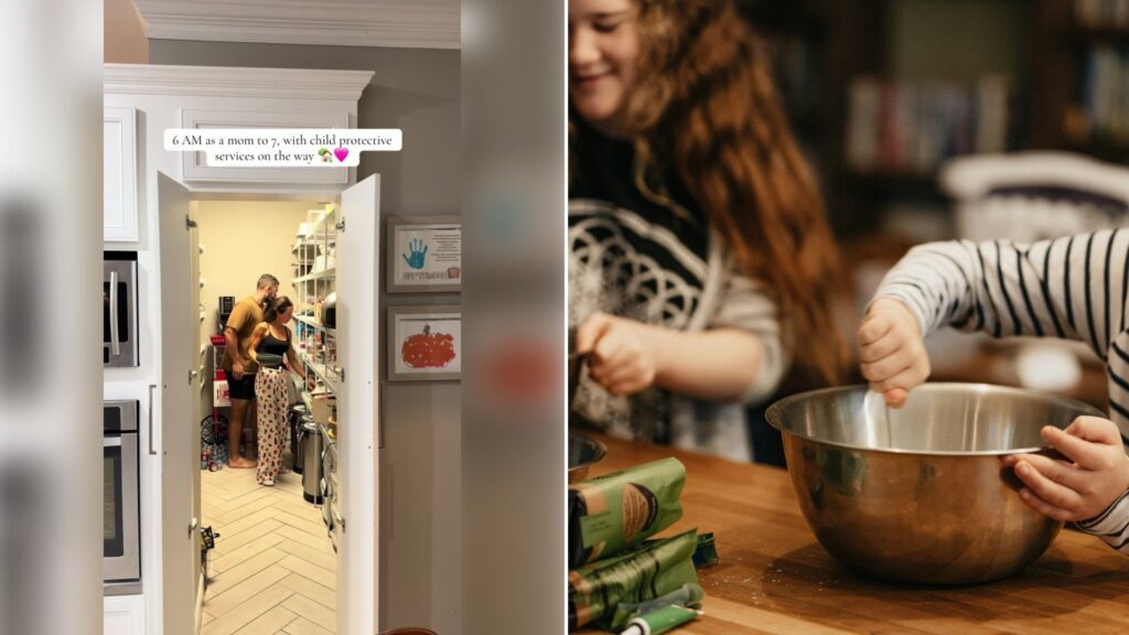 Left: TikTok still of a mother of seven and her kids in a pantry doorway during a morning routine. Right: a woman and child mixing batter in a kitchen (Unsplash photo by Annie Spratt).