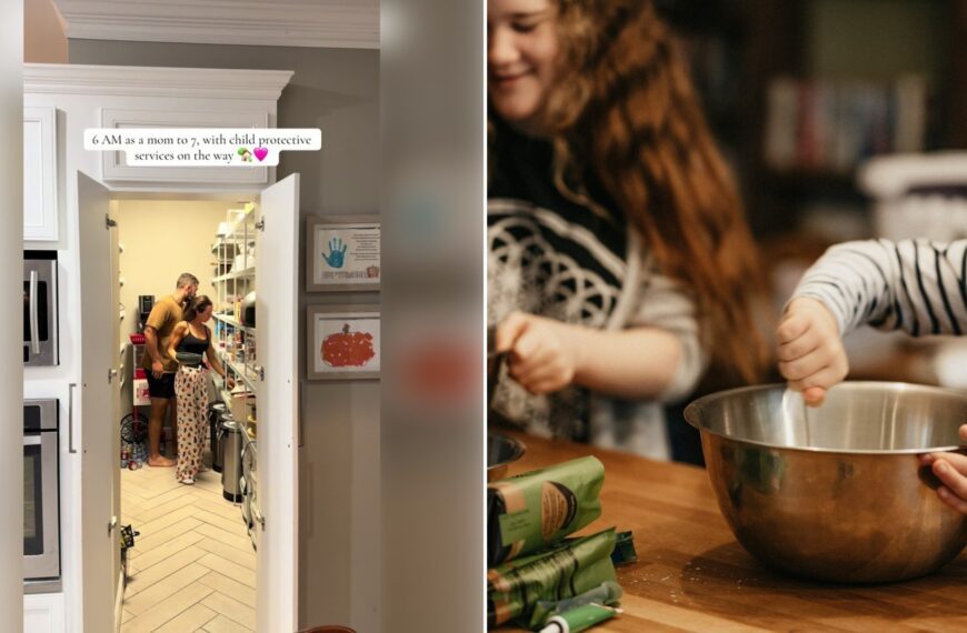 Left: TikTok still of a mother of seven and her kids in a pantry doorway during a morning routine. Right: a woman and child mixing batter in a kitchen (Unsplash photo by Annie Spratt).