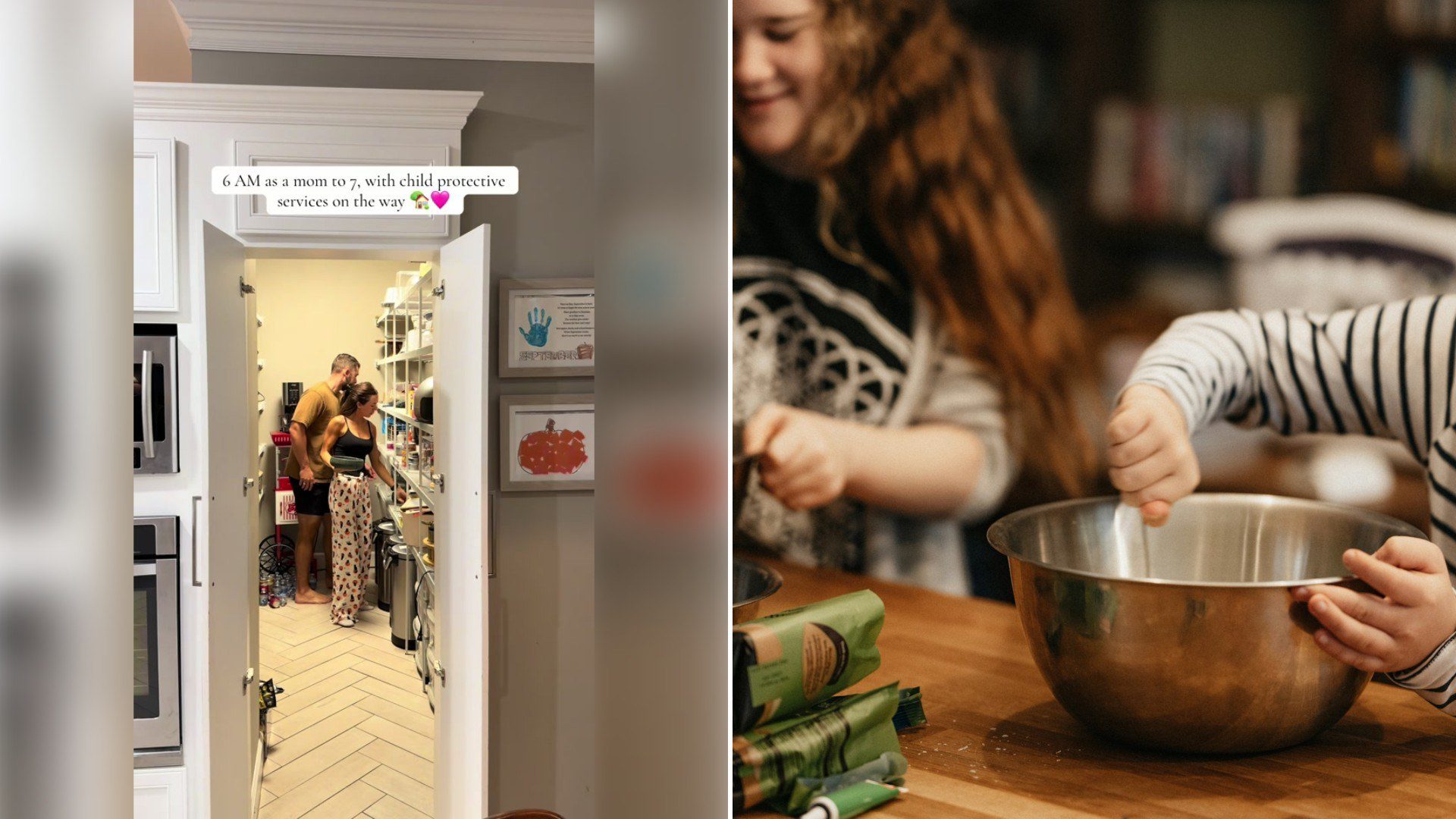 Left: TikTok still of a mother of seven and her kids in a pantry doorway during a morning routine. Right: a woman and child mixing batter in a kitchen (Unsplash photo by Annie Spratt).