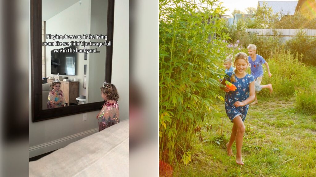 Left: Instagram reel still of a little girl in a room beside a large mirror. Right: kids running with water toys in a backyard (Unsplash photo by Vitolda Klein).