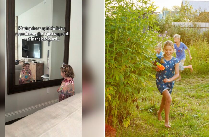 Left: Instagram reel still of a little girl in a room beside a large mirror. Right: kids running with water toys in a backyard (Unsplash photo by Vitolda Klein).