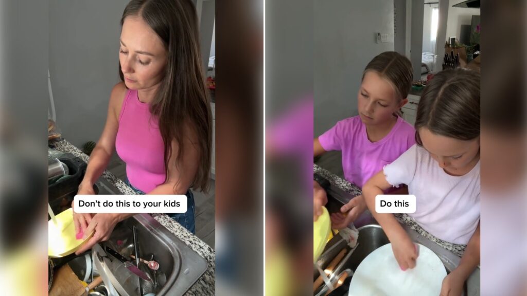 Two moments from an Instagram reel: a mom washing dishes while her kids play nearby, then two kids helping wash dishes.